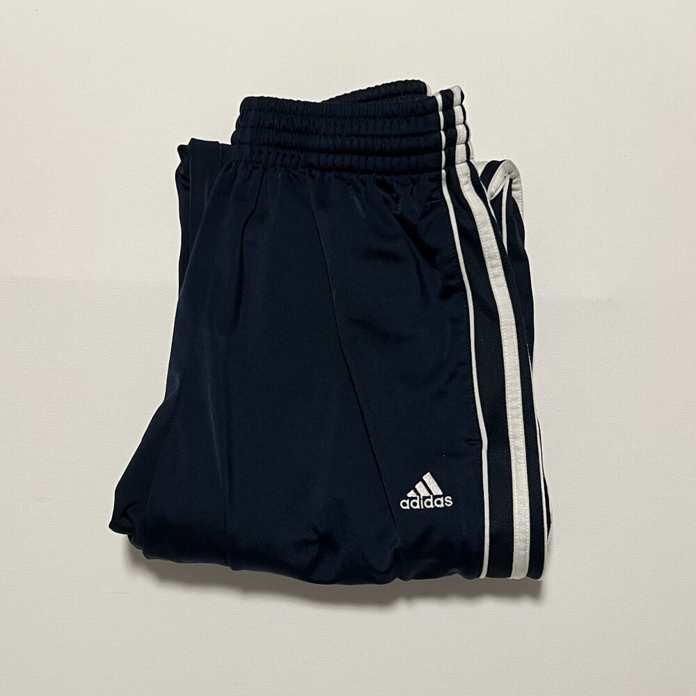 Adidas Wide Leg Track Pants Y2K Baggy Athletic 3 Stripe Blue Men's size Medium